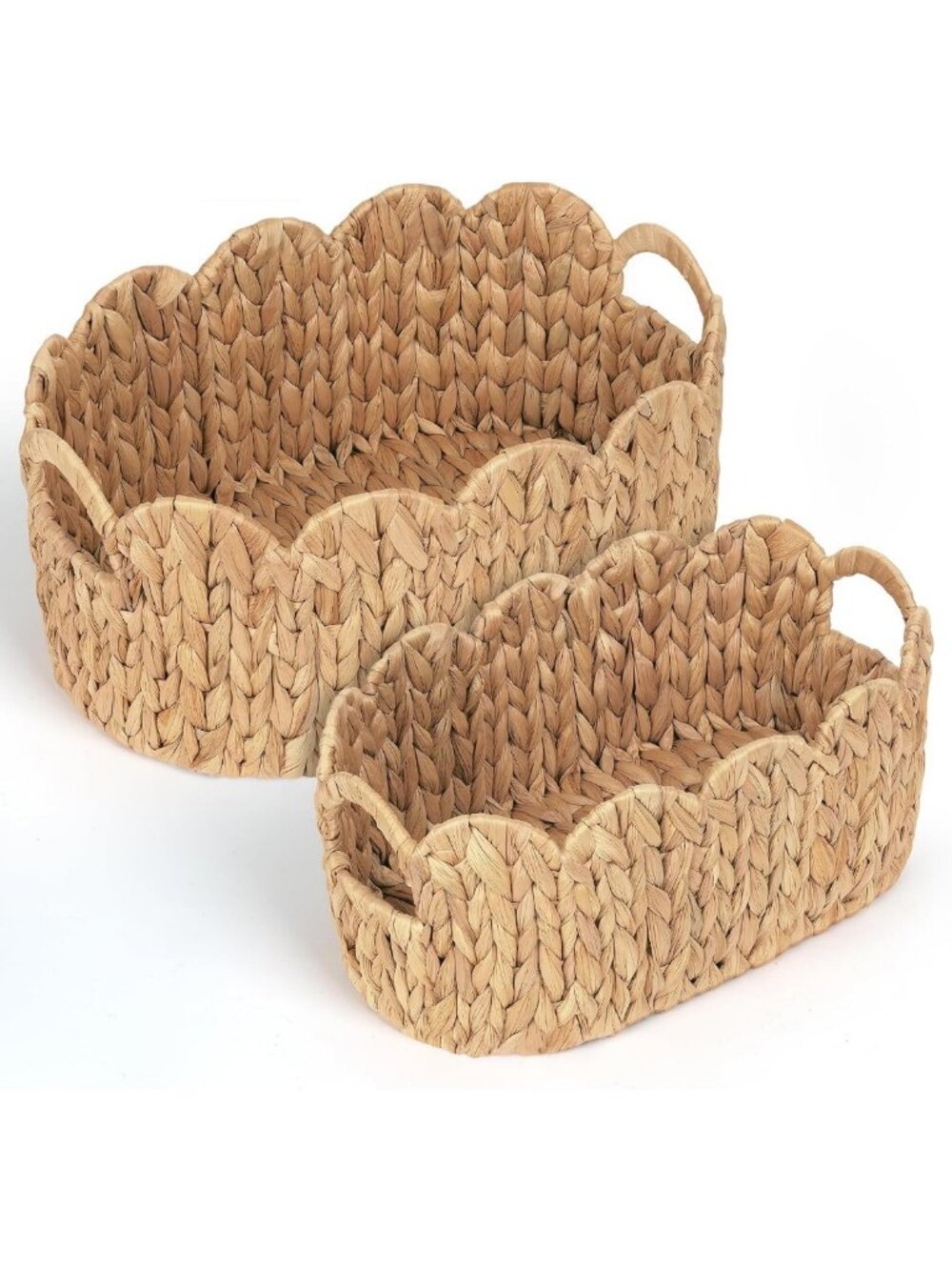 Hand-Woven Scalloped Wicker Baskets Set of 2 | Natural Rattan Storage Bins for
